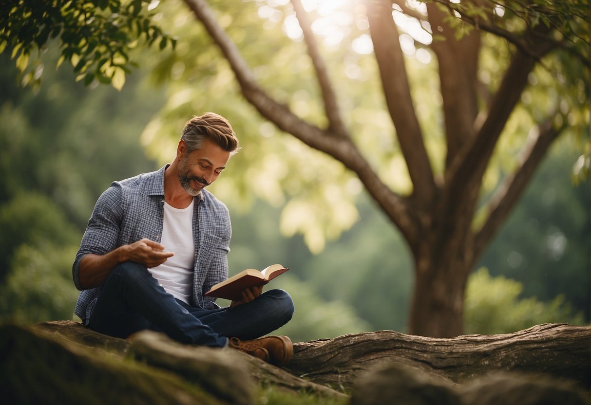 Daily Affirmations For Men: A man sitting in a peaceful setting, surrounded by nature, with a serene expression on his face as he reads positive affirmations from a book