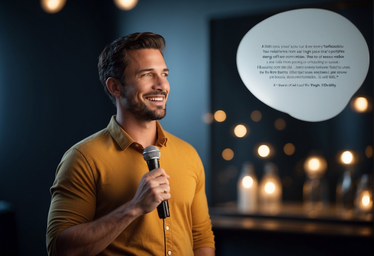 Daily Affirmations For Men: A man standing in front of a mirror, reciting positive affirmations. A speech bubble with empowering words surrounds him