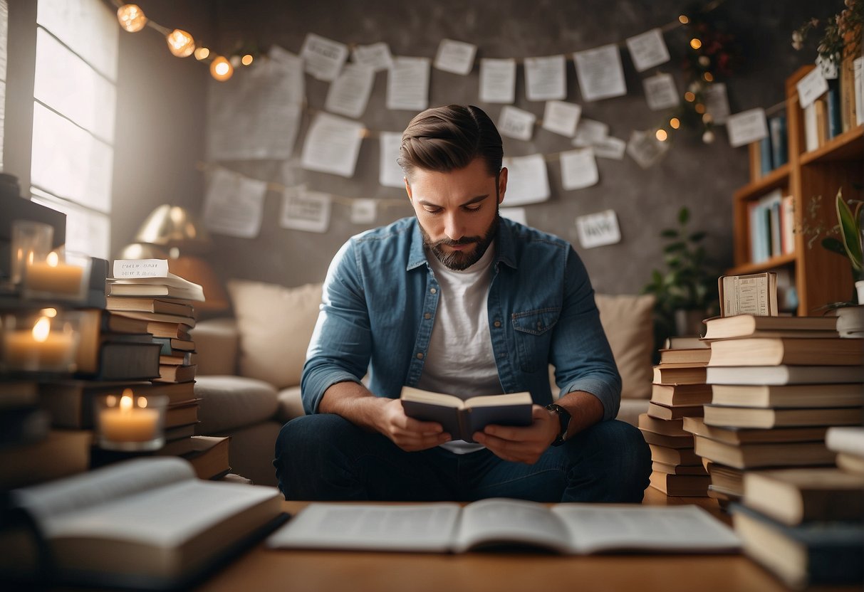 Daily Affirmations For Men: A man reading affirmations, surrounded by positive words and symbols