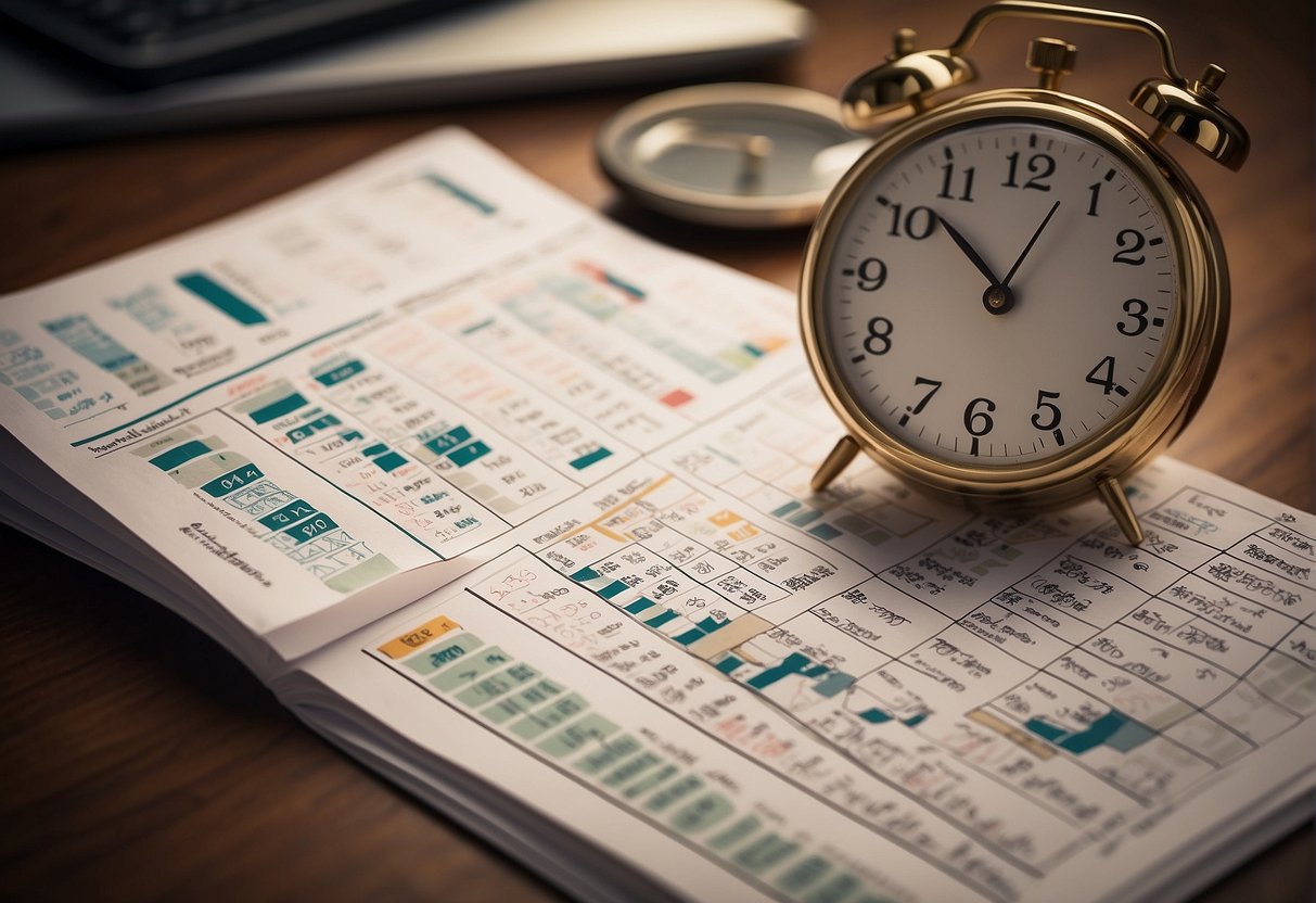 A stack of financial charts and graphs, with a calendar and clock in the background, symbolizing the importance of timing in portfolio management