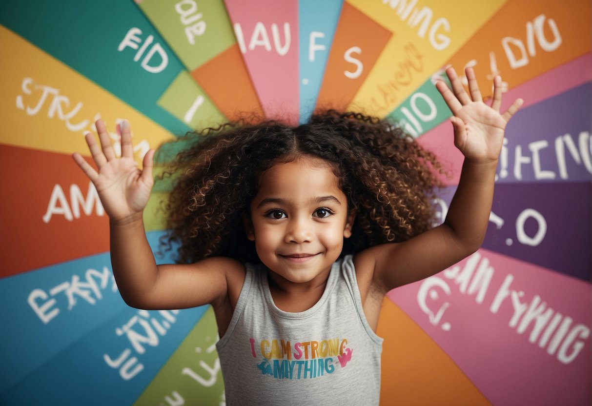 Positive Affirmations For Kids: Children surrounded by colorful affirmations, such as "I am strong" and "I can do anything", displayed on walls and posters in a bright, welcoming room