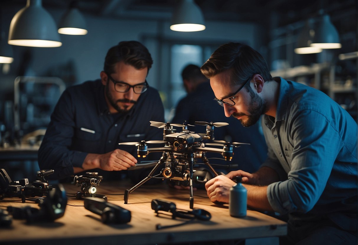 A group of engineers assembling a night vision drone in a well-lit workshop. Tools and components are scattered across the workbenches as they meticulously construct the high-tech aircraft