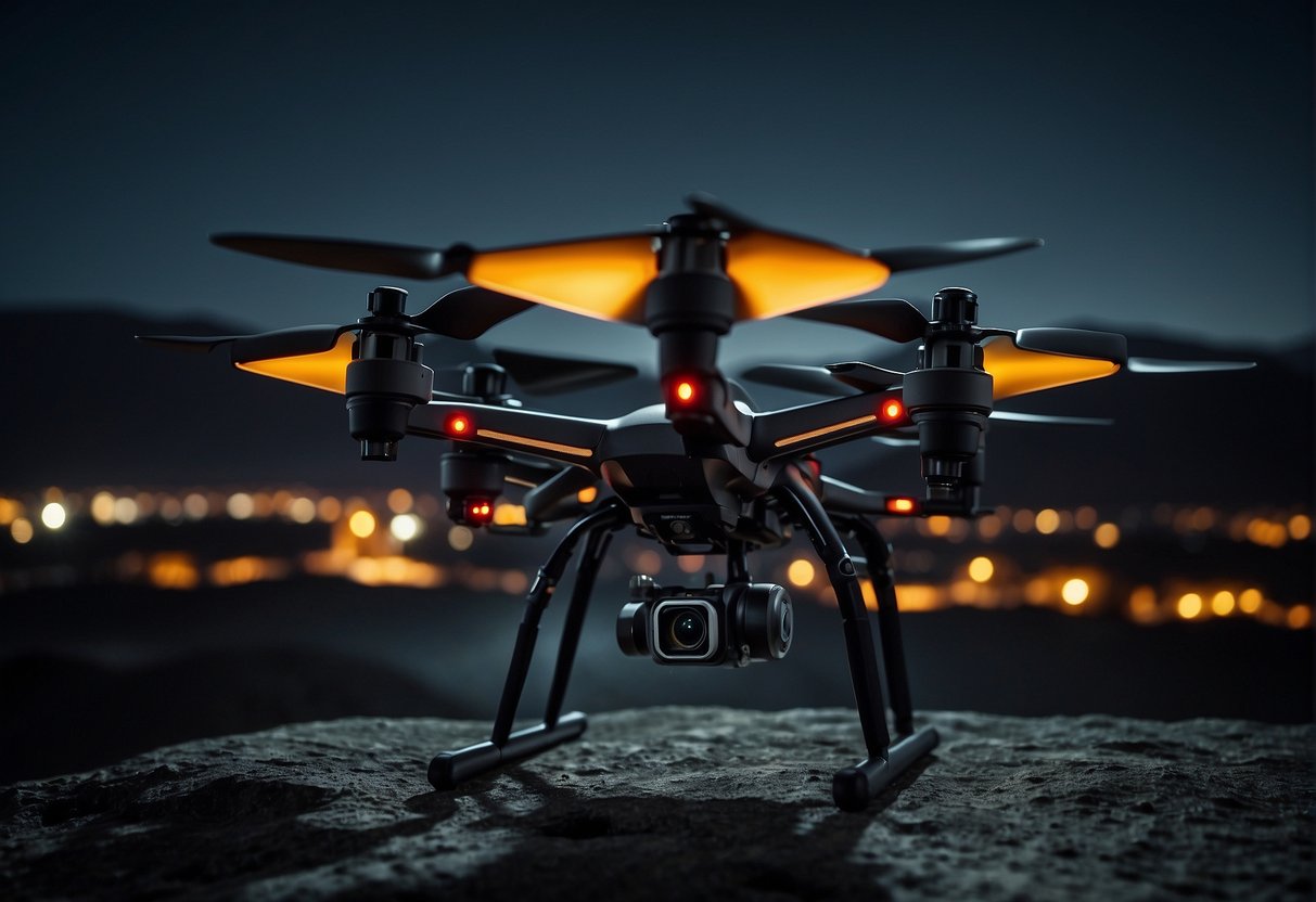 A night vision drone hovers over a darkened landscape, its infrared camera capturing detailed images of the surroundings