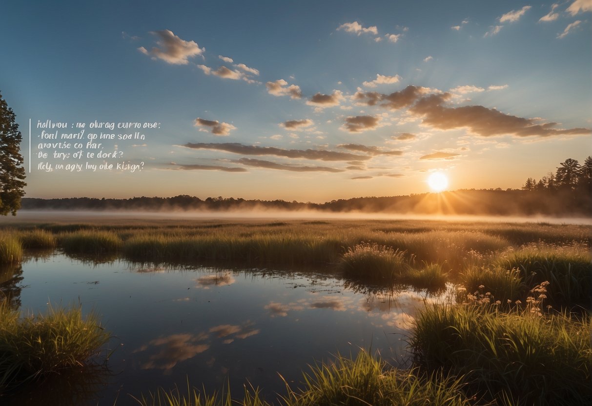 Morning Affirmations For Success: Sunrise over a serene landscape with uplifting affirmations floating in the air