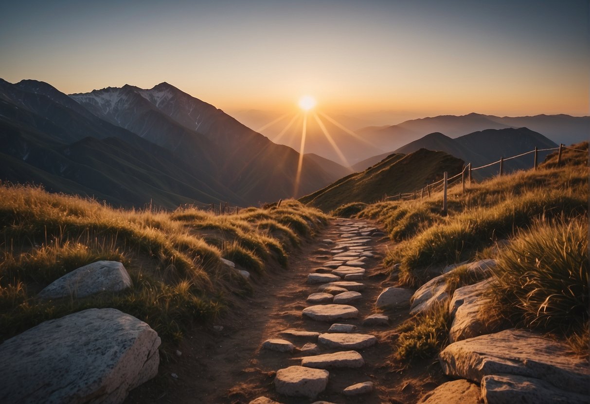 Morning Affirmations For Success: A bright sunrise over a mountain peak, with a path leading upward and a series of barriers being overcome along the way