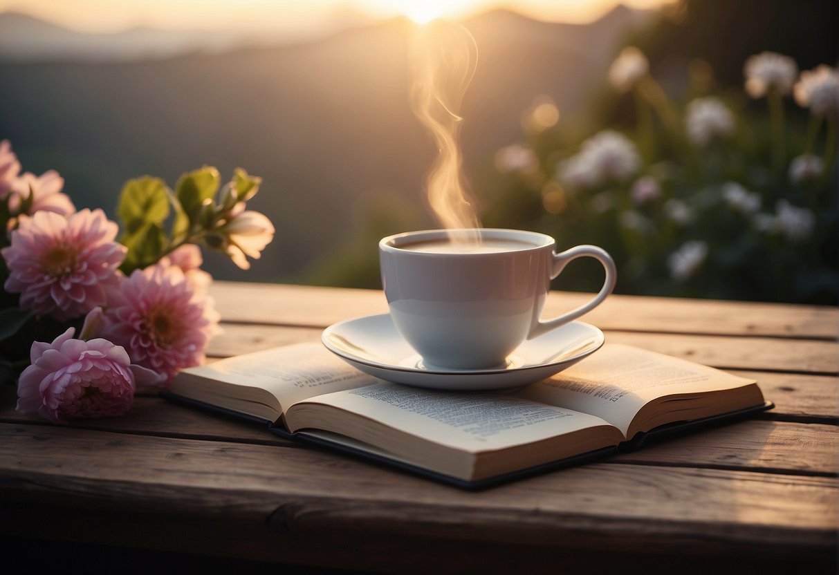 Morning Affirmations For Success: A bright sunrise over a tranquil landscape with a book of affirmations open on a table, surrounded by fresh flowers and a steaming cup of coffee