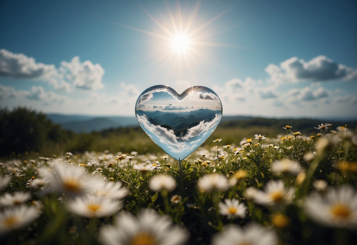 Affirmations For Love: A heart-shaped cloud floats above a serene landscape, surrounded by blooming flowers and radiant sunshine