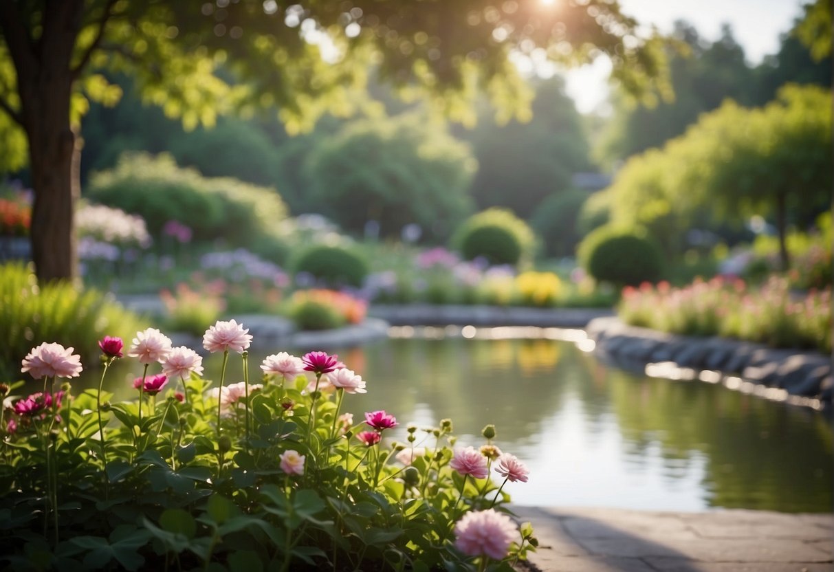 Affirmations For Love: A serene garden with blooming flowers and a peaceful pond, surrounded by positive affirmations for love written on colorful banners