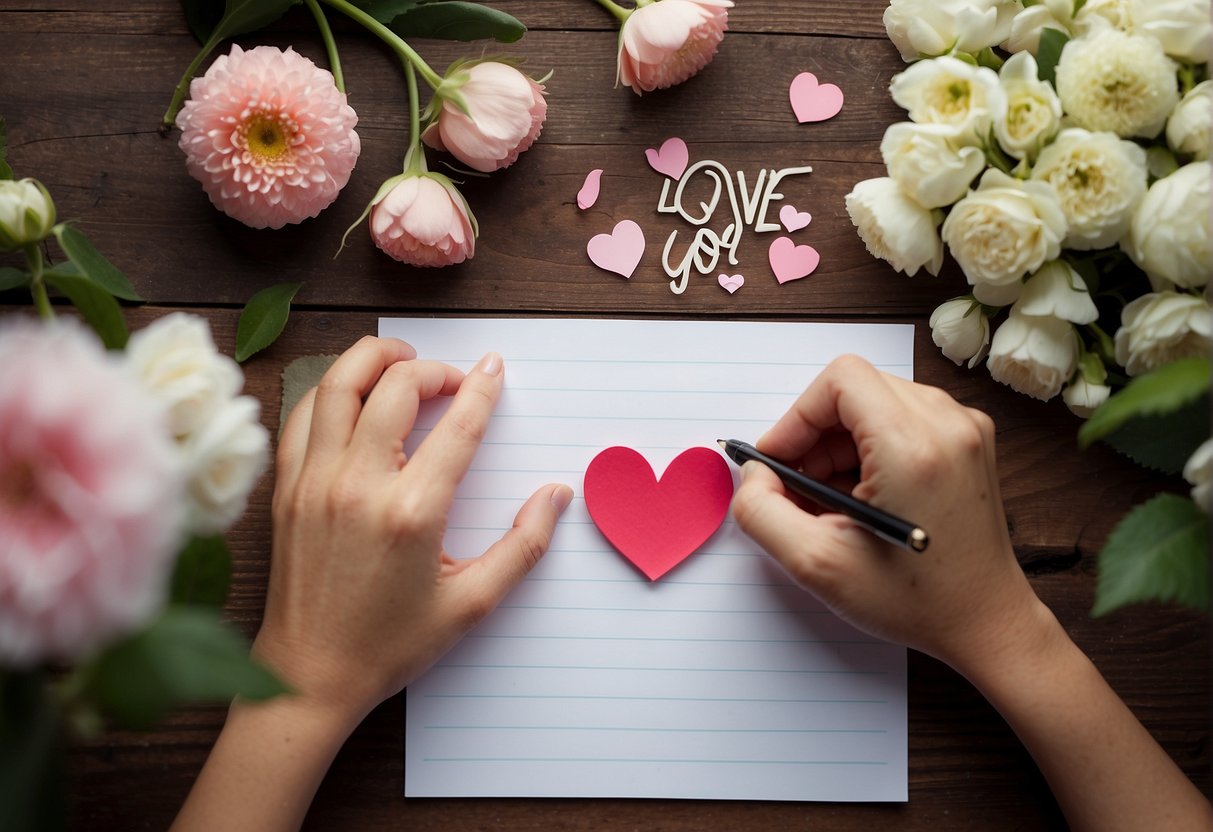 Affirmations For Love: A person writing "I love you" on a heart-shaped note, surrounded by flowers and smiling faces