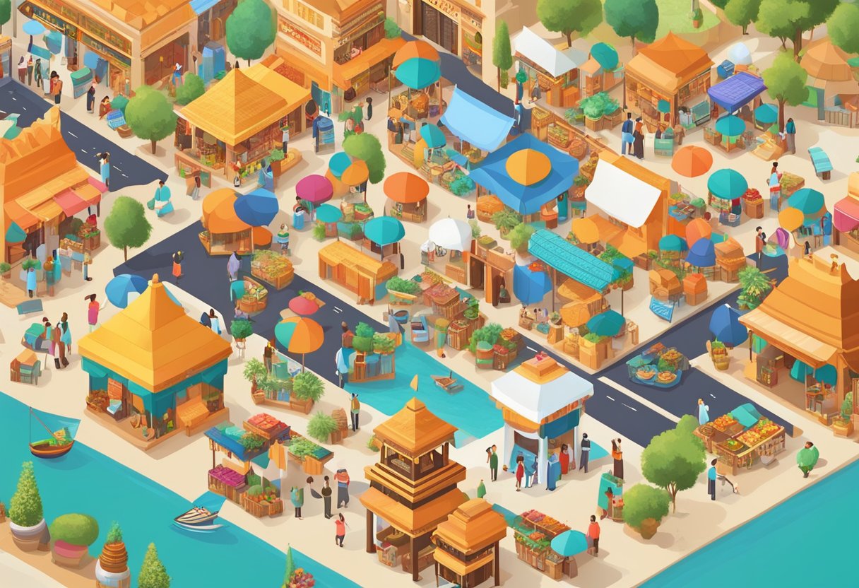 A vibrant marketplace with diverse cultural symbols and landmarks from around the world, showcasing the building blocks of different languages
