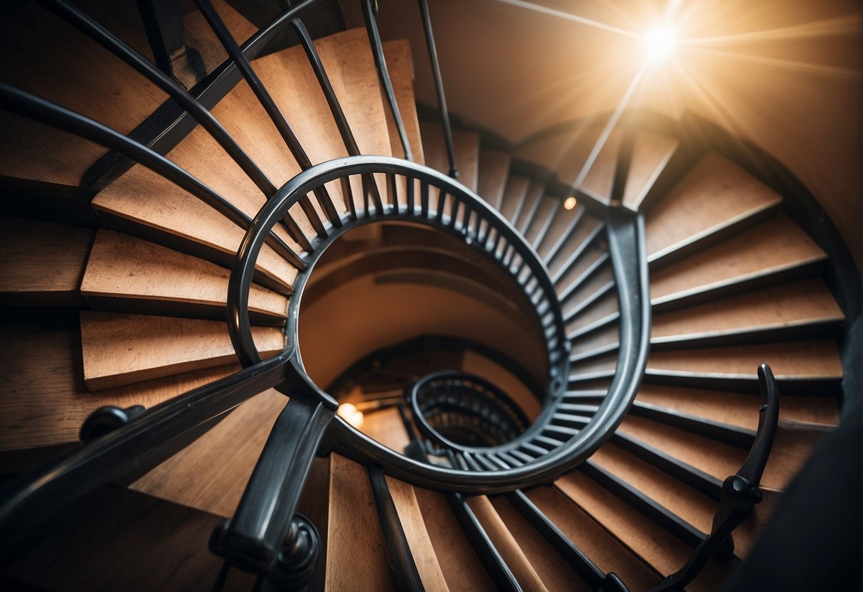 A staircase representing 7 levels of influence, each step labeled with a different aspect of personal dynamics. Light shining from above highlights the progression