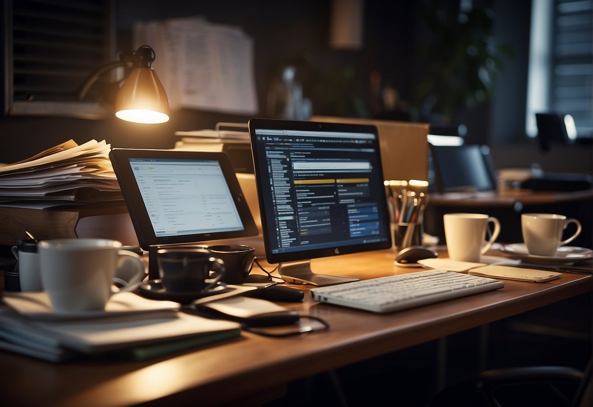 A cluttered desk with scattered papers and empty coffee cups. Dim lighting and a computer screen displaying a busy email inbox