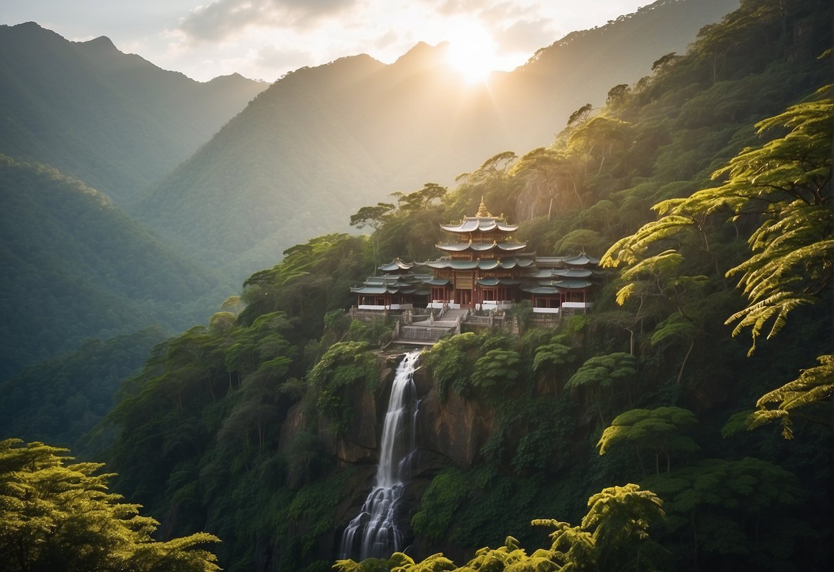 A serene temple stands on a mountain peak, surrounded by lush greenery and a tranquil waterfall. The sun casts a warm glow on the scene, creating a sense of peace and spirituality