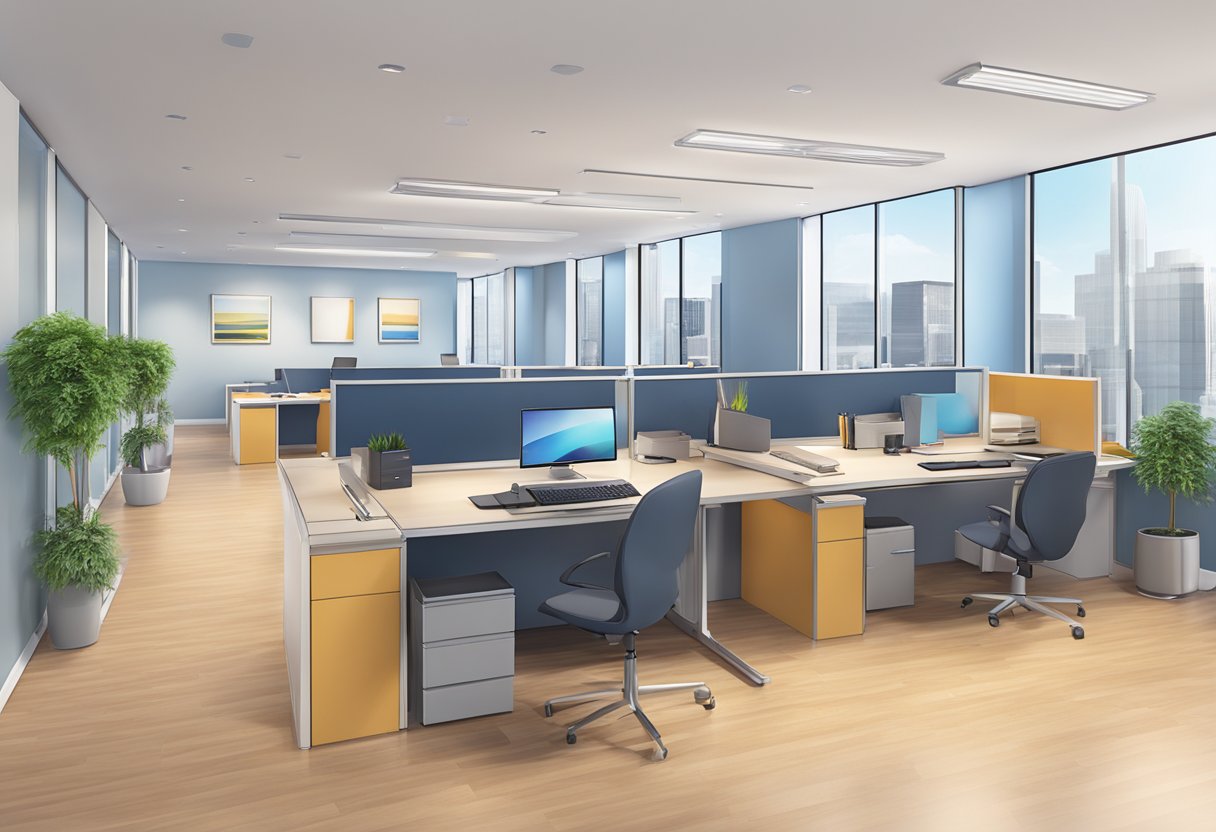 Various virtual office services: mail handling, phone answering, and meeting room rental. A modern office setting with a reception area and workstations