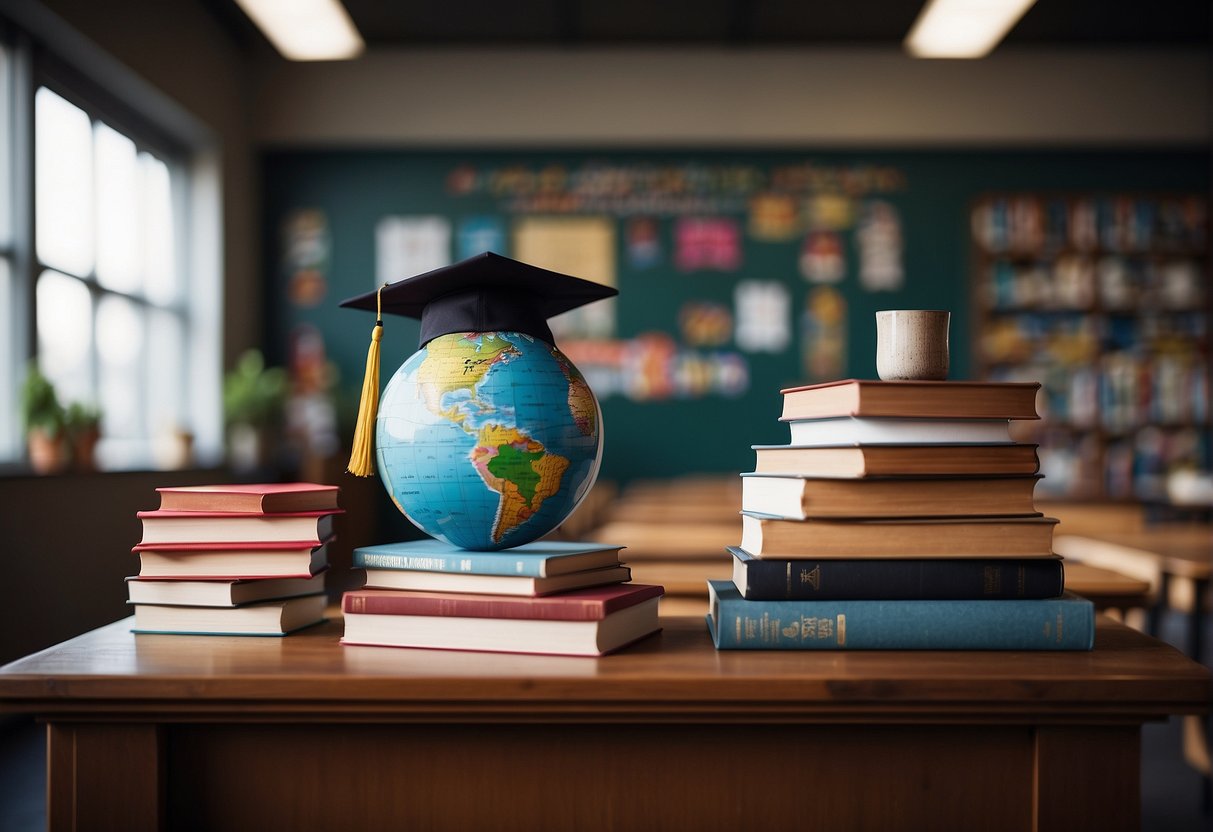 A classroom with seven steps leading up to a pedestal. Books, a globe, and a graduation cap are on the pedestal. The walls are lined with motivational posters