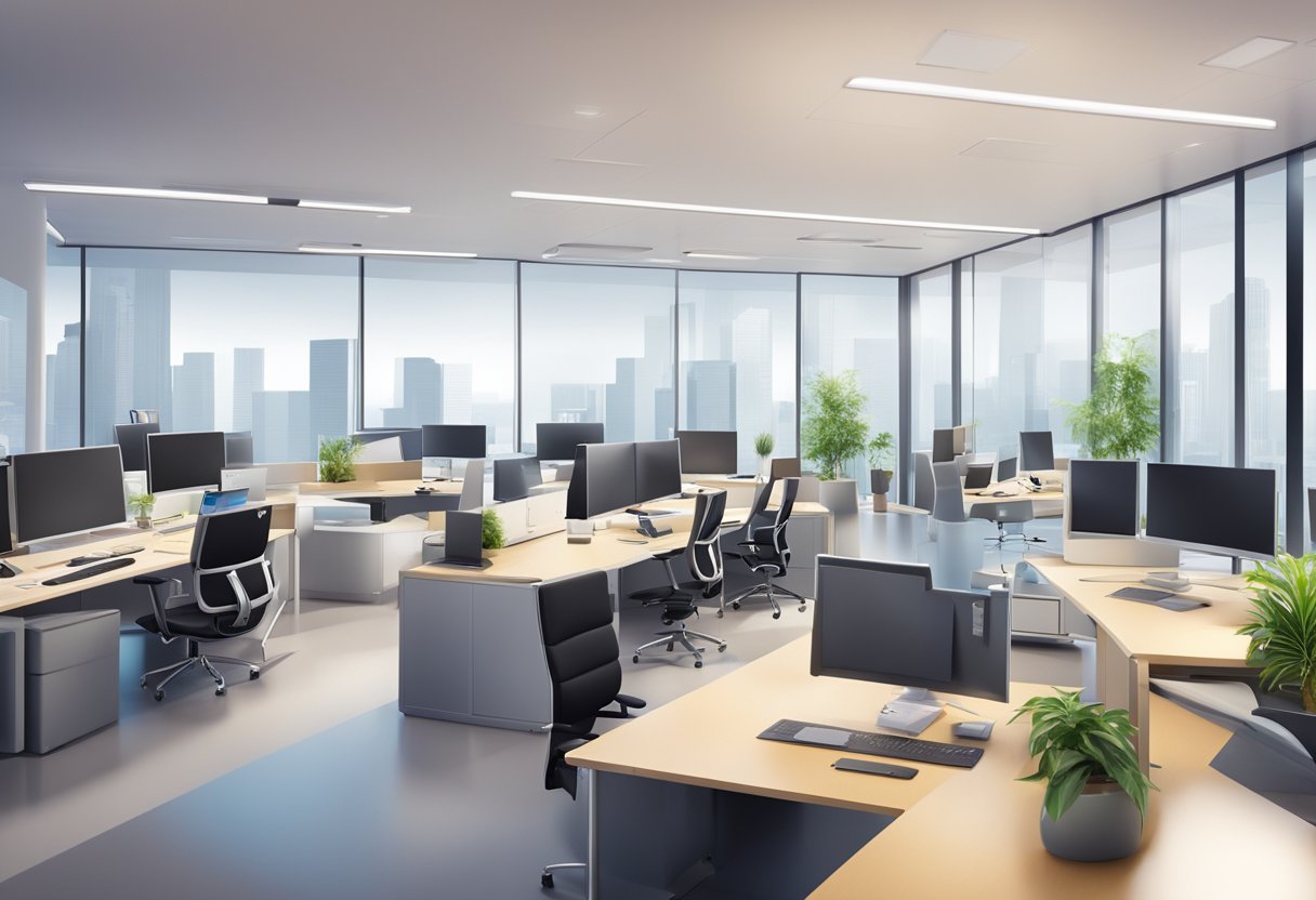 A modern, sleek office space with virtual communication tools and a professional atmosphere. Digital devices and virtual office services are prominently featured