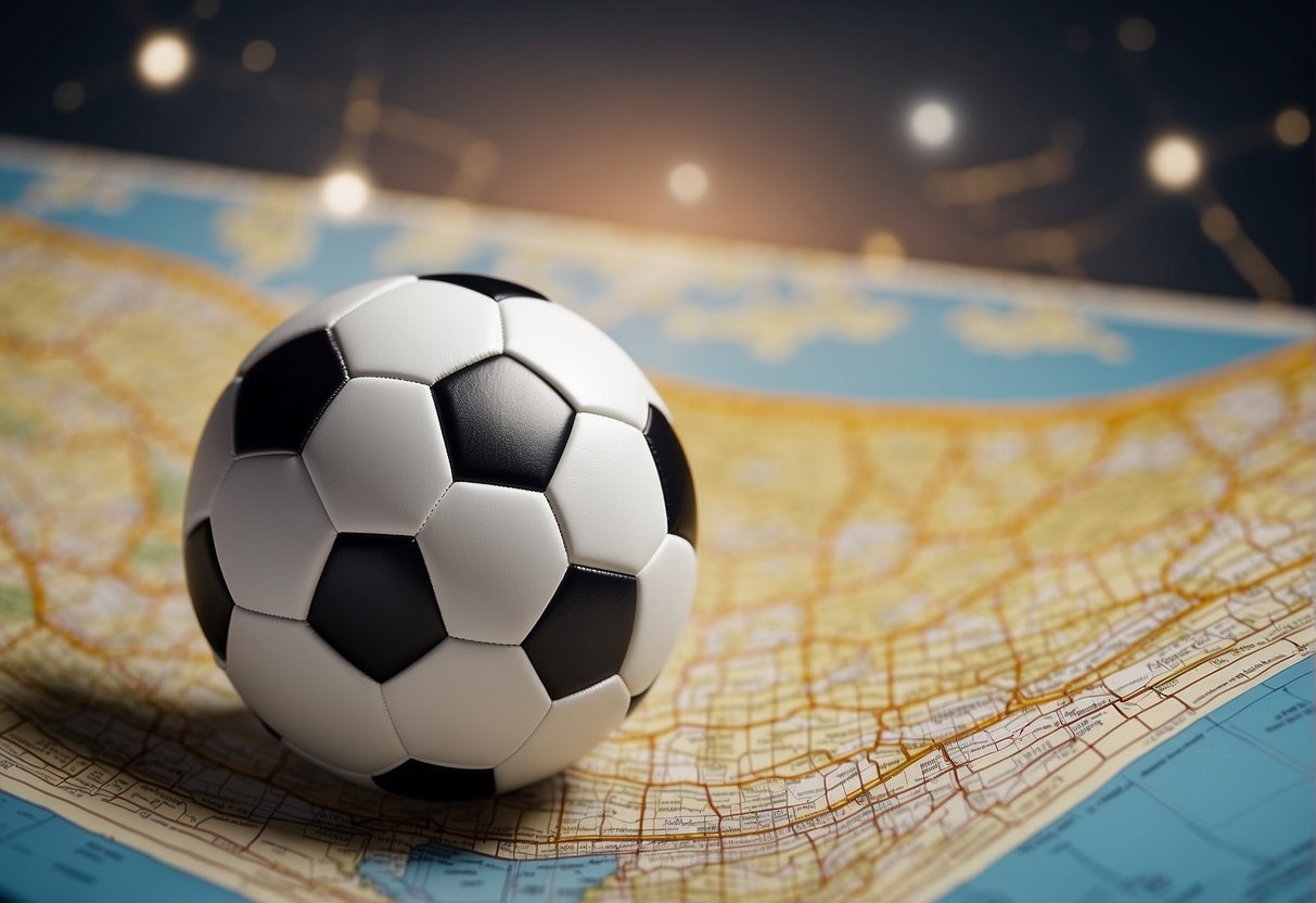 A soccer ball flying over a map, connecting different countries with lines, symbolizing the expansion of influence through sports