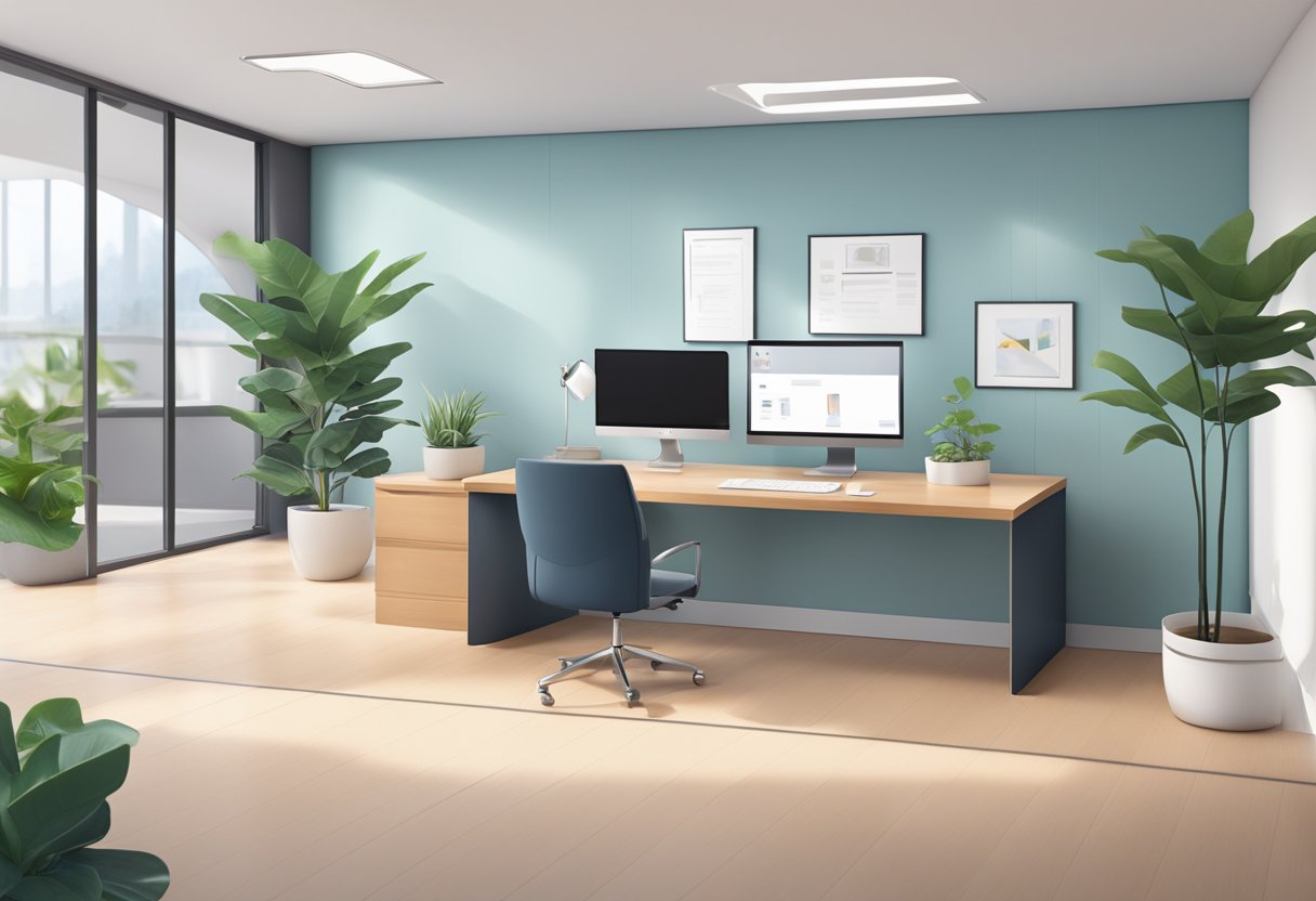 A modern office space with a sleek desk, computer, and phone. A virtual address is displayed on the wall, and a receptionist greets clients