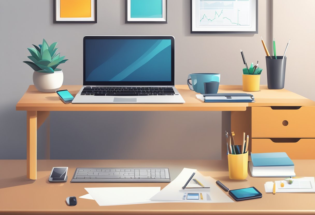 A desk with a laptop, phone, and office supplies. A virtual office sign on the wall. Bright, organized, and professional
