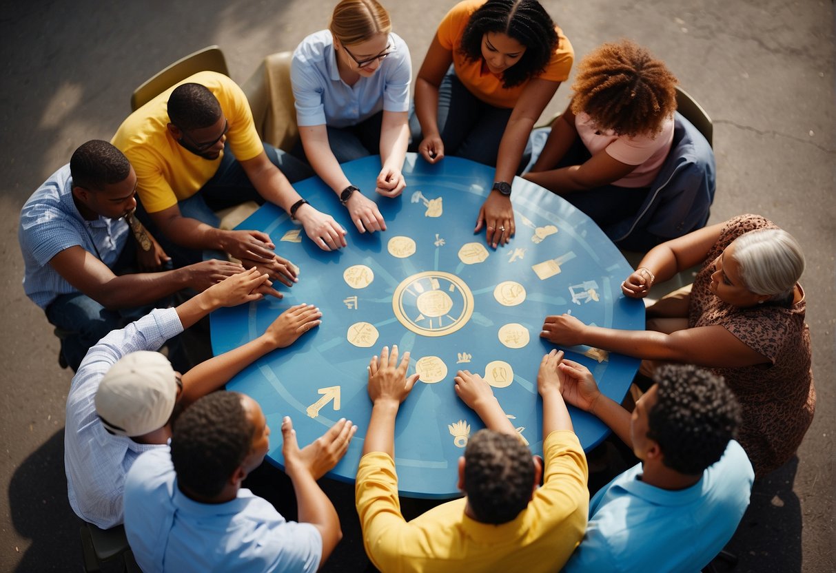 A diverse group of people gather in a circle, engaging in conversation and sharing ideas. They are surrounded by symbols of community and social influence, such as a handshake and a group emblem