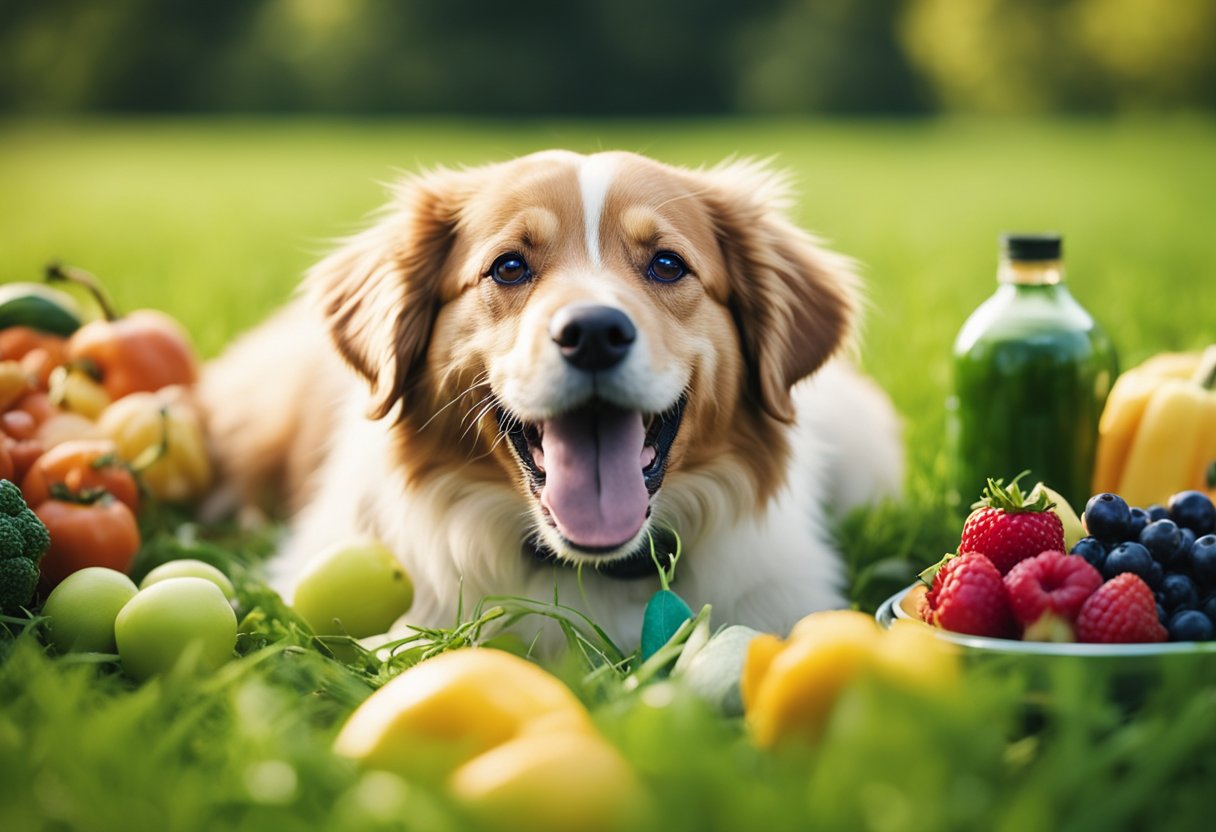 A happy dog with a shiny coat and bright eyes, playing energetically in a green, grassy field, surrounded by a variety of colorful, healthy foods