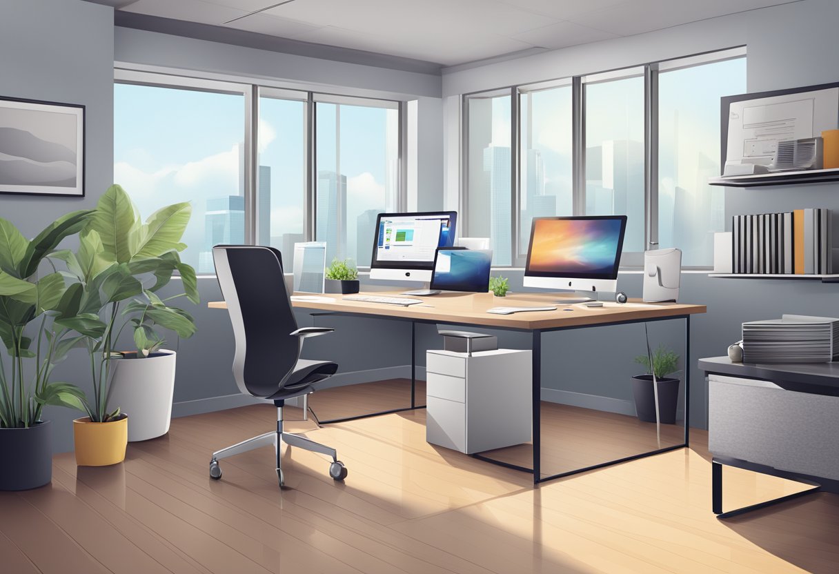 A modern office space with digital devices, virtual communication tools, and a professional setting