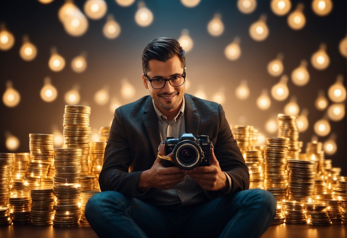 A figure surrounded by glowing lightbulbs, a pile of money, and a camera capturing the moment of inspiration and impact on other creators