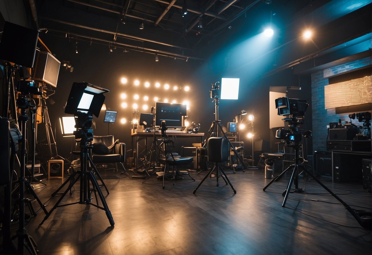 A busy studio with cameras, lights, and props set up for filming content similar to Mr Beast's channel "Creating Creative Content"
