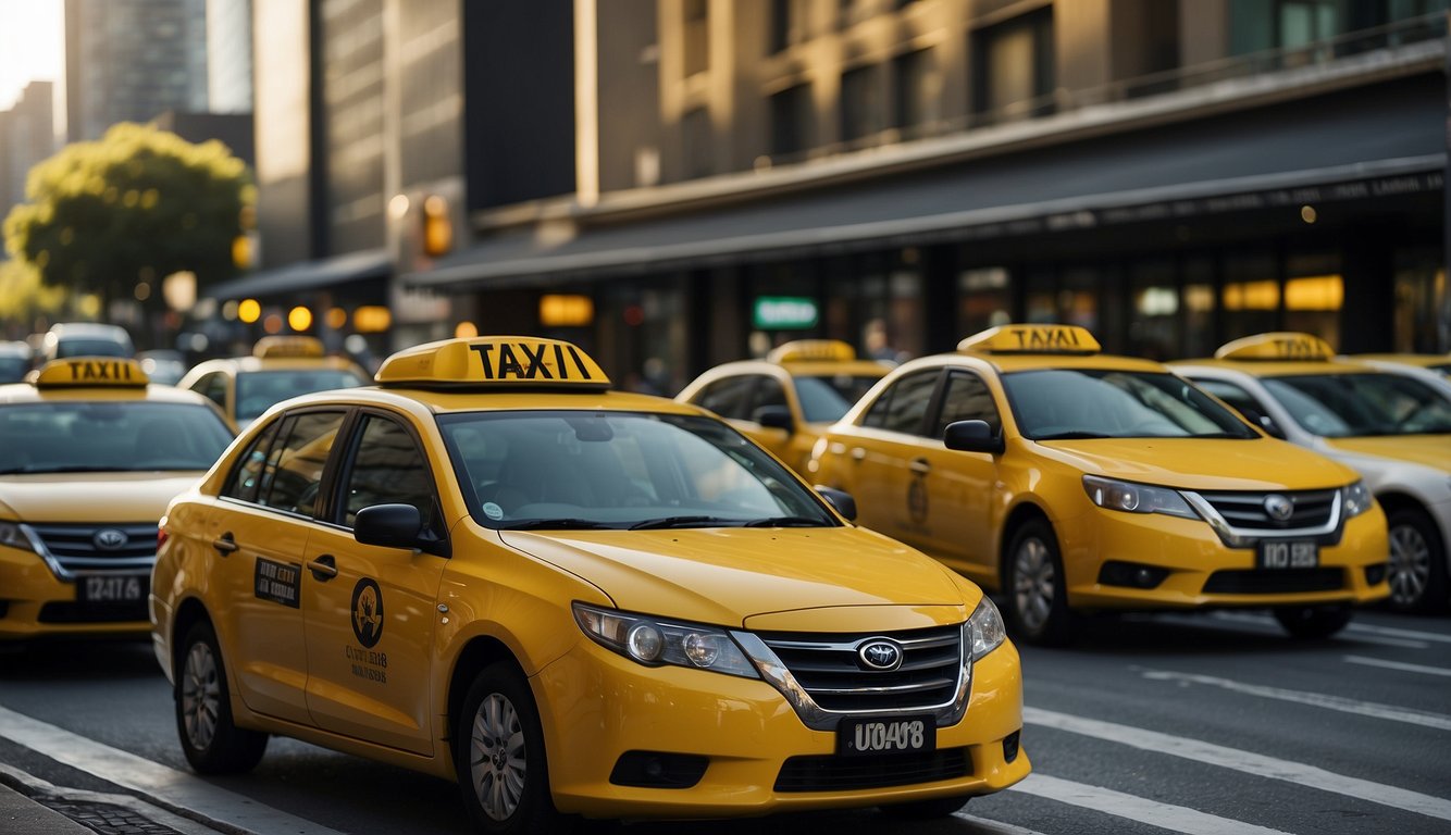 Yellow taxis line up outside a bustling Australian cityscape. The iconic vehicles stand out against the urban backdrop