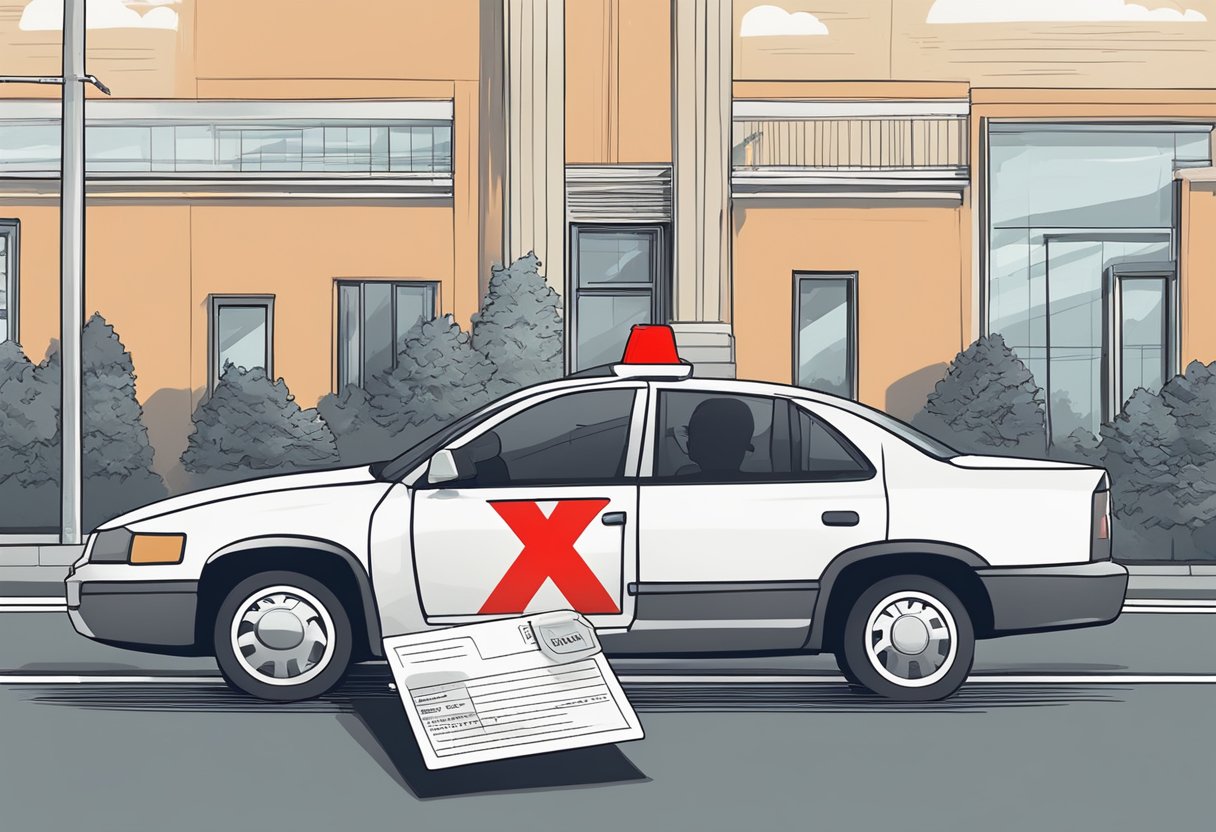 A driver receiving a traffic ticket while holding a provisional driver's license, with a red "X" mark over the license