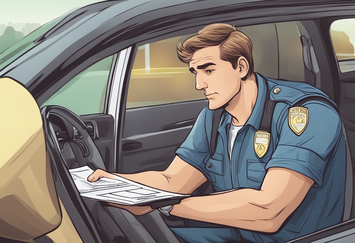 A driver receiving a traffic ticket, looking at their provisional driver's license with a worried expression
