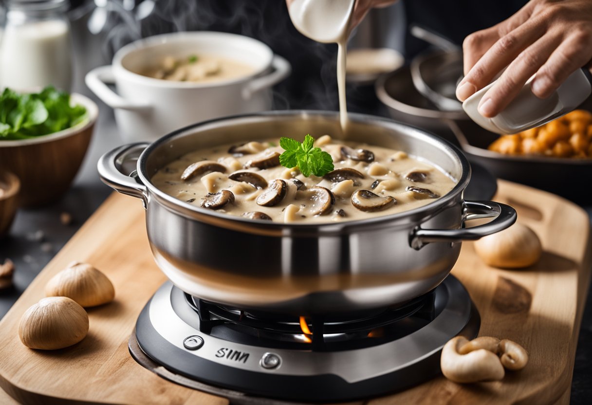 A pot of creamy mushroom stroganoff simmering on a stove, with a rich cashew cream sauce being poured over the dish