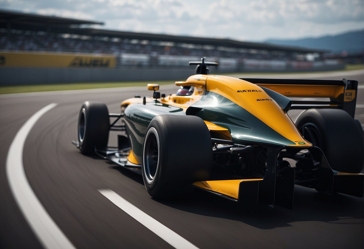 A Formula 1 car zooms around a futuristic track, showcasing cutting-edge technology and aerodynamic design