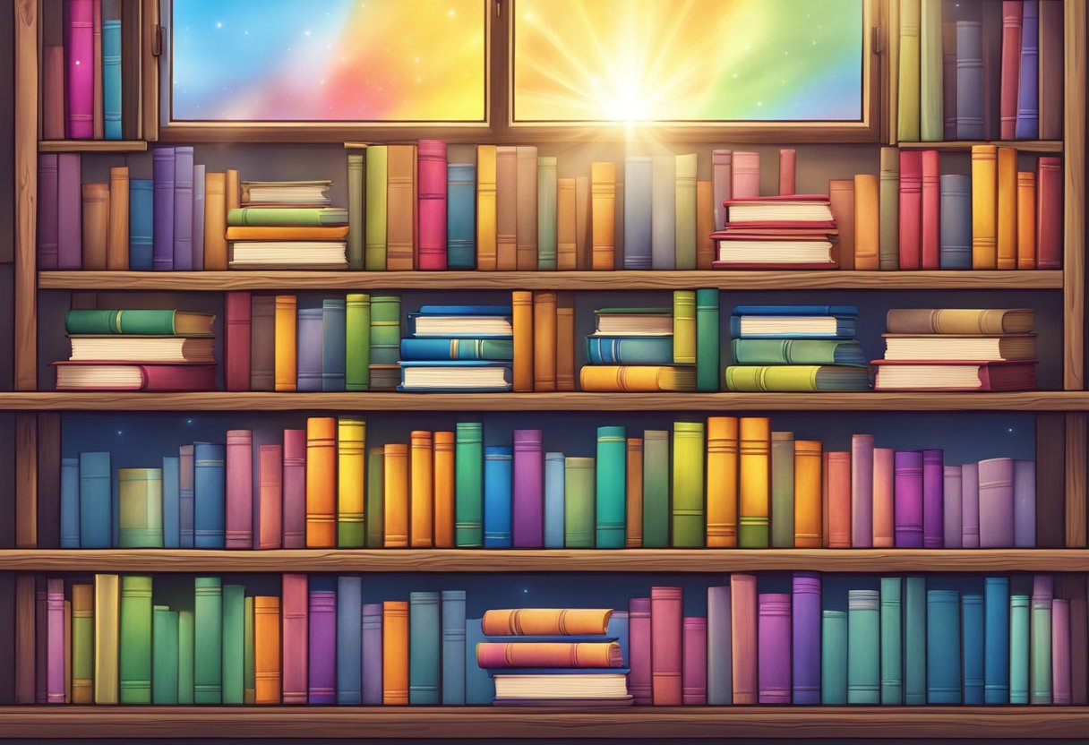A stack of colorful books sits on a wooden shelf, with a rainbow shining through a nearby window onto the pages