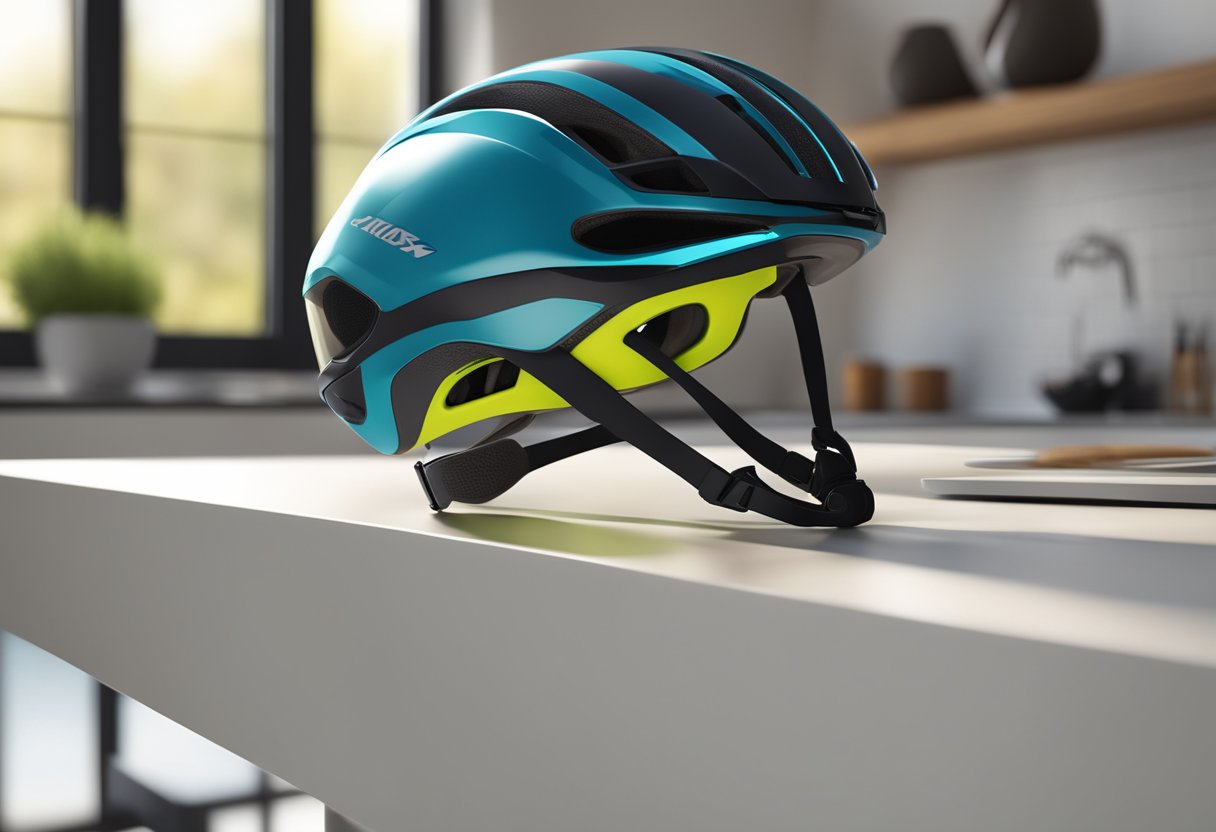 A sleek road bike helmet with a built-in visor, resting on a clean, modern countertop, with natural light streaming in from a nearby window