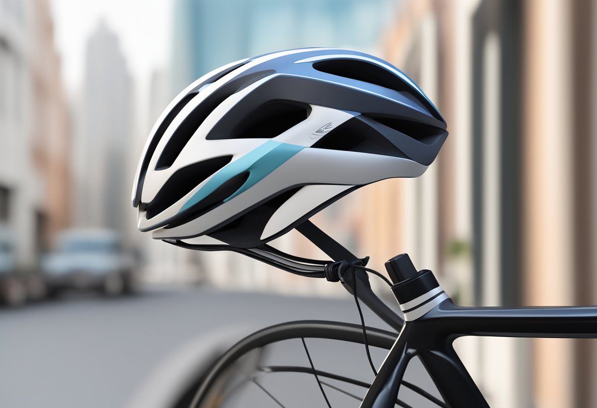 A sleek, aerodynamic road bike helmet with a matte finish and adjustable straps, sitting on a clean, modern bike rack