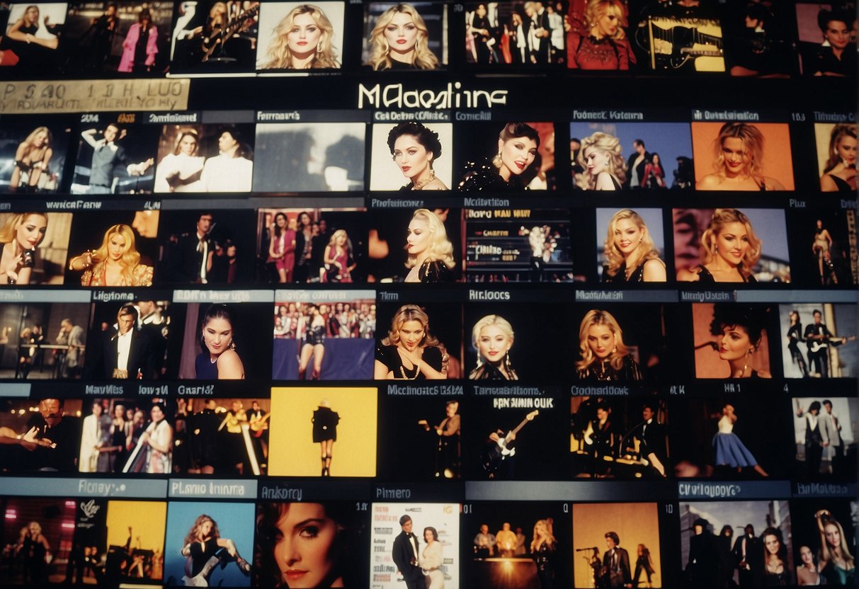 Madonna's iconic albums and songs displayed in a timeline, showcasing her evolution and lasting impact on the music industry