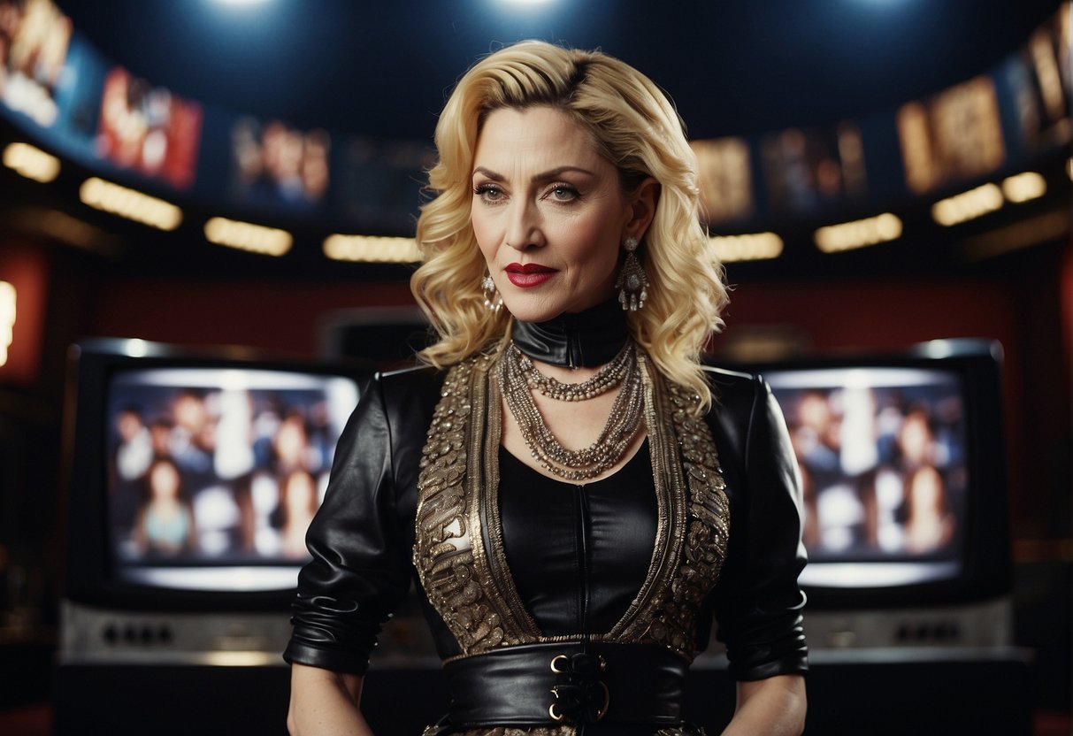 Madonna in a cinema and television setting, surrounded by iconic imagery and symbols of her enduring relevance