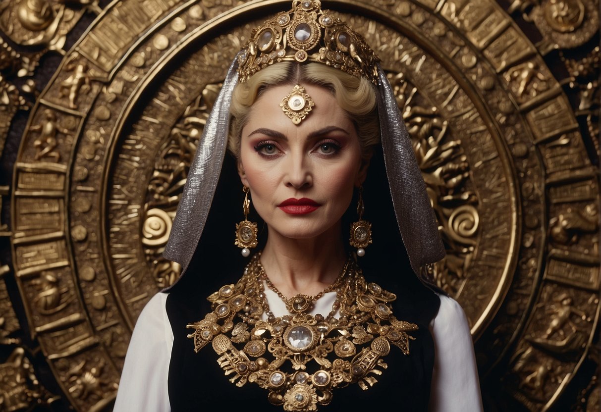 Madonna surrounded by controversial symbols and imagery, maintaining relevance through the years