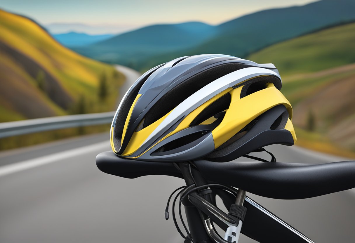 A road bike helmet rests on a sleek bike seat, with a backdrop of a winding road and scenic landscape