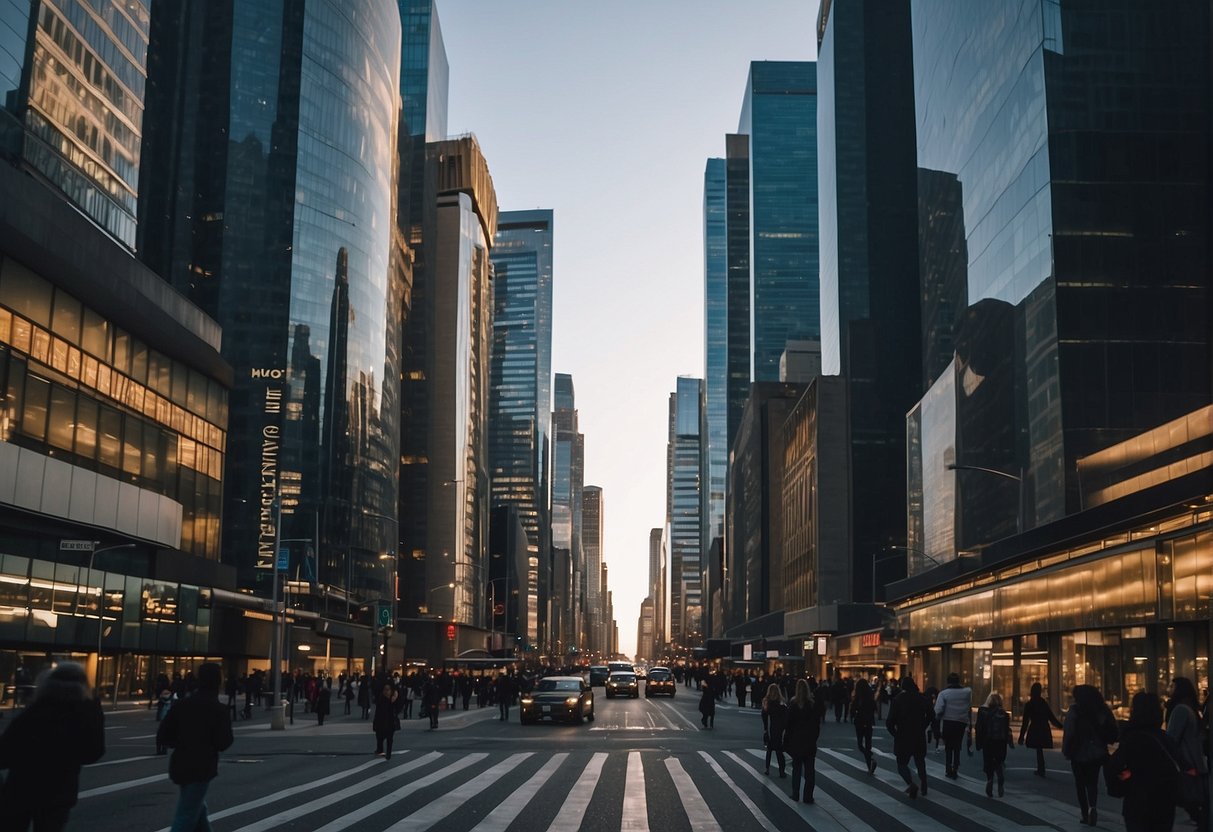 A bustling city street with modern skyscrapers and bustling businesses, showcasing the longevity and relevance of entrepreneurship