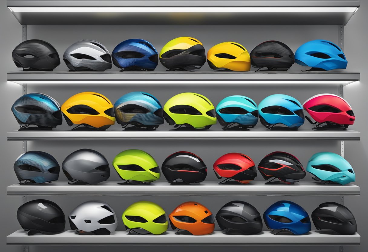 A group of sleek aero road bike helmets lined up on a display rack, featuring cutting-edge designs and vibrant colors for the year 2024