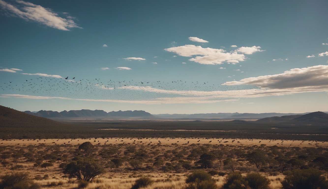A flock of birds soar over the vast Australian landscape, with a mix of desert, forest, and coastline below