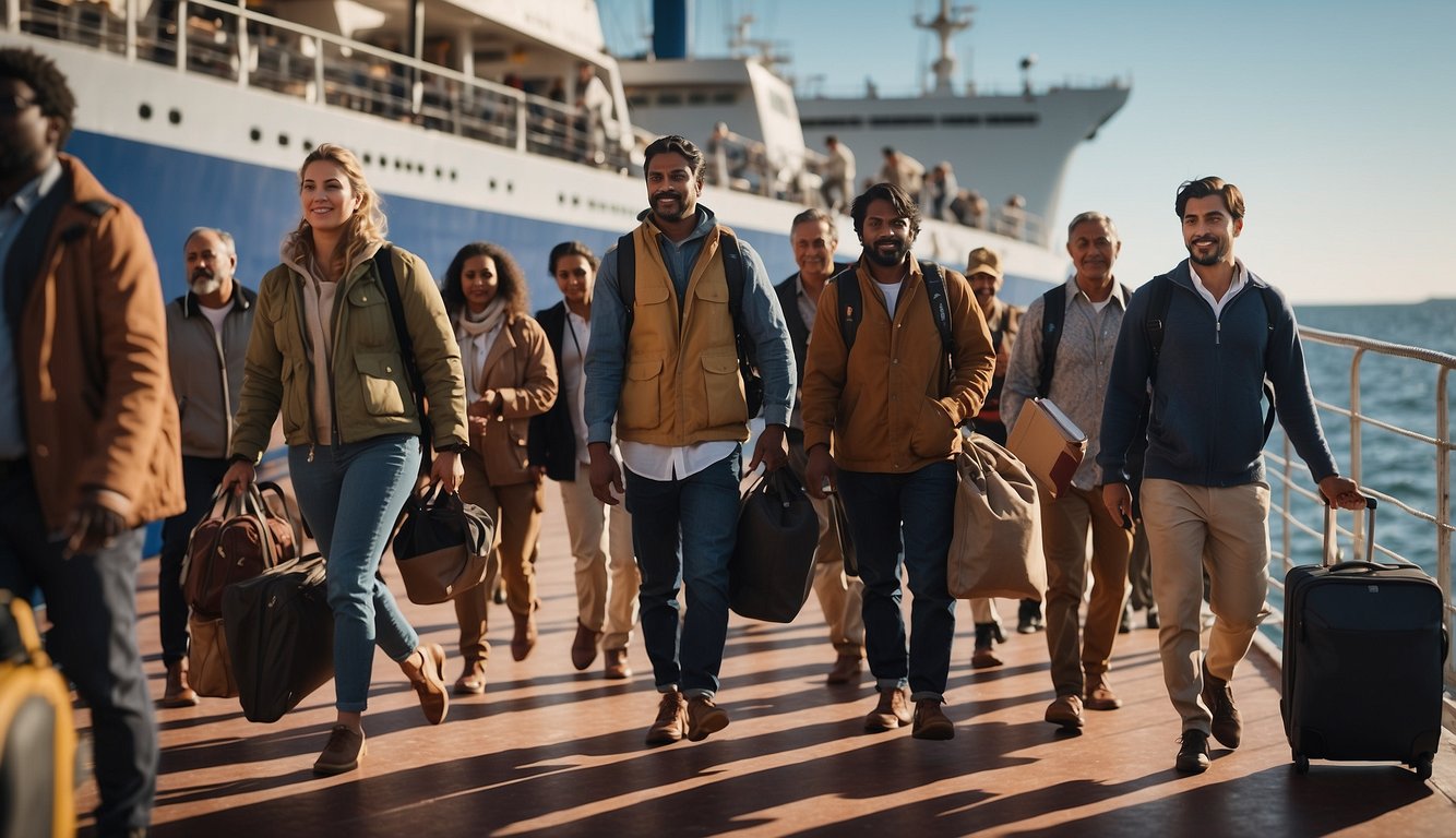 A group of diverse people board a ship, carrying their belongings, as they prepare to immigrate to Australia before the country's federation