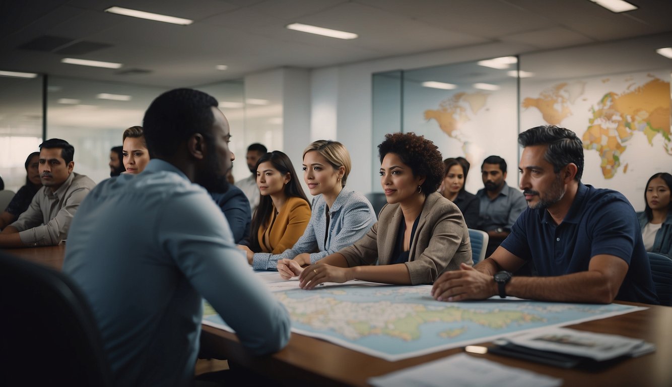 A group of people from diverse backgrounds gather to discuss migration policies in a government office, while maps and charts depicting migration patterns hang on the walls