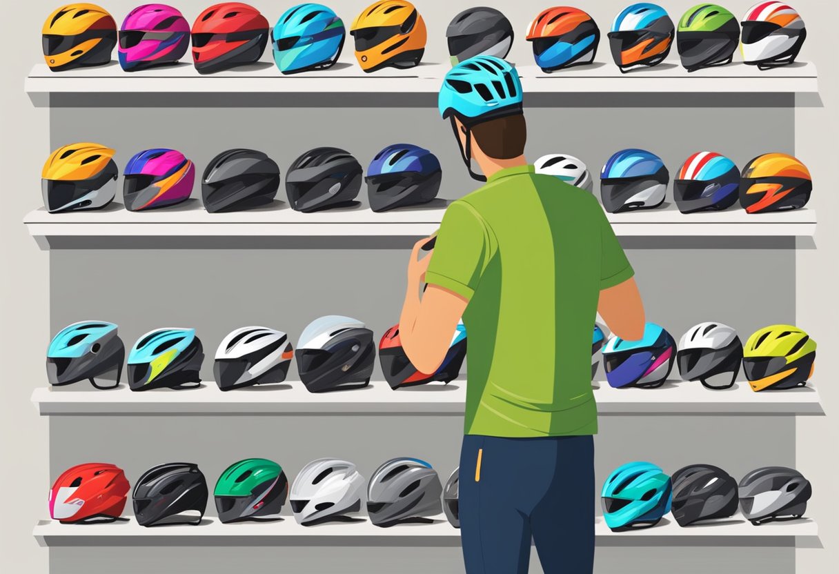 Road bike helmets displayed on shelves with bright price tags. Customers browsing through the selection. A salesperson assisting a customer with trying on a helmet