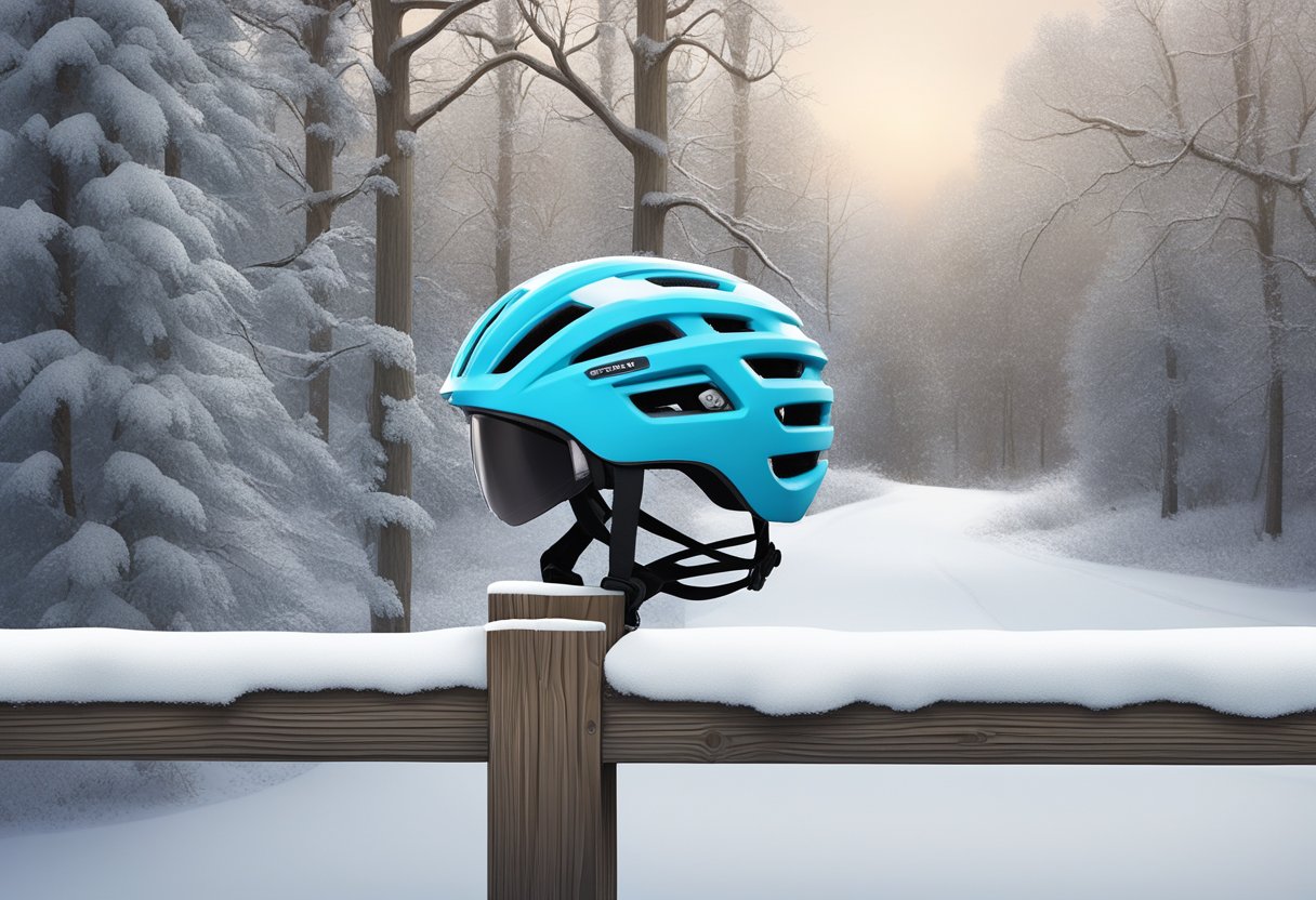 A winter road bike helmet sits atop a snow-covered fence post, with icy trees and a winding road in the background