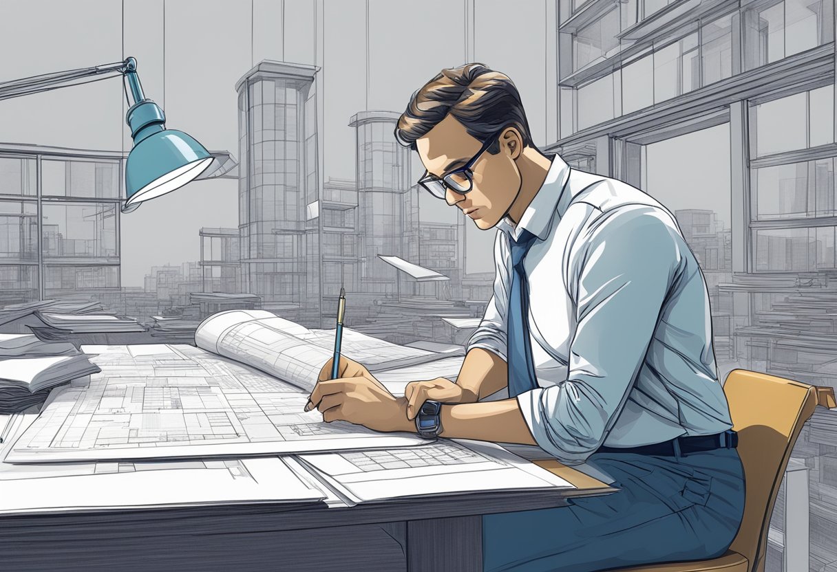 An architect working at a desk, surrounded by blueprints, sketching a building design