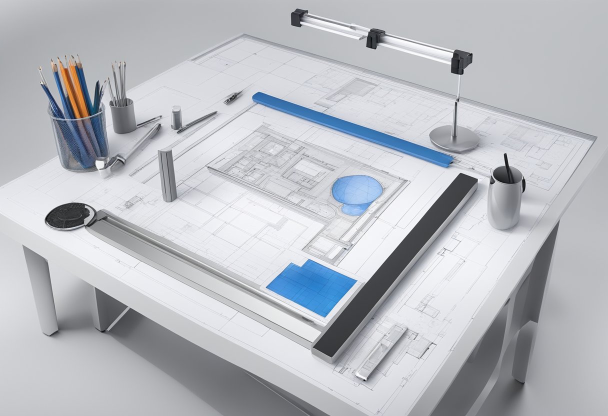 A modern architectural blueprint on a clean, white drafting table with precision tools and a computer screen displaying 3D renderings