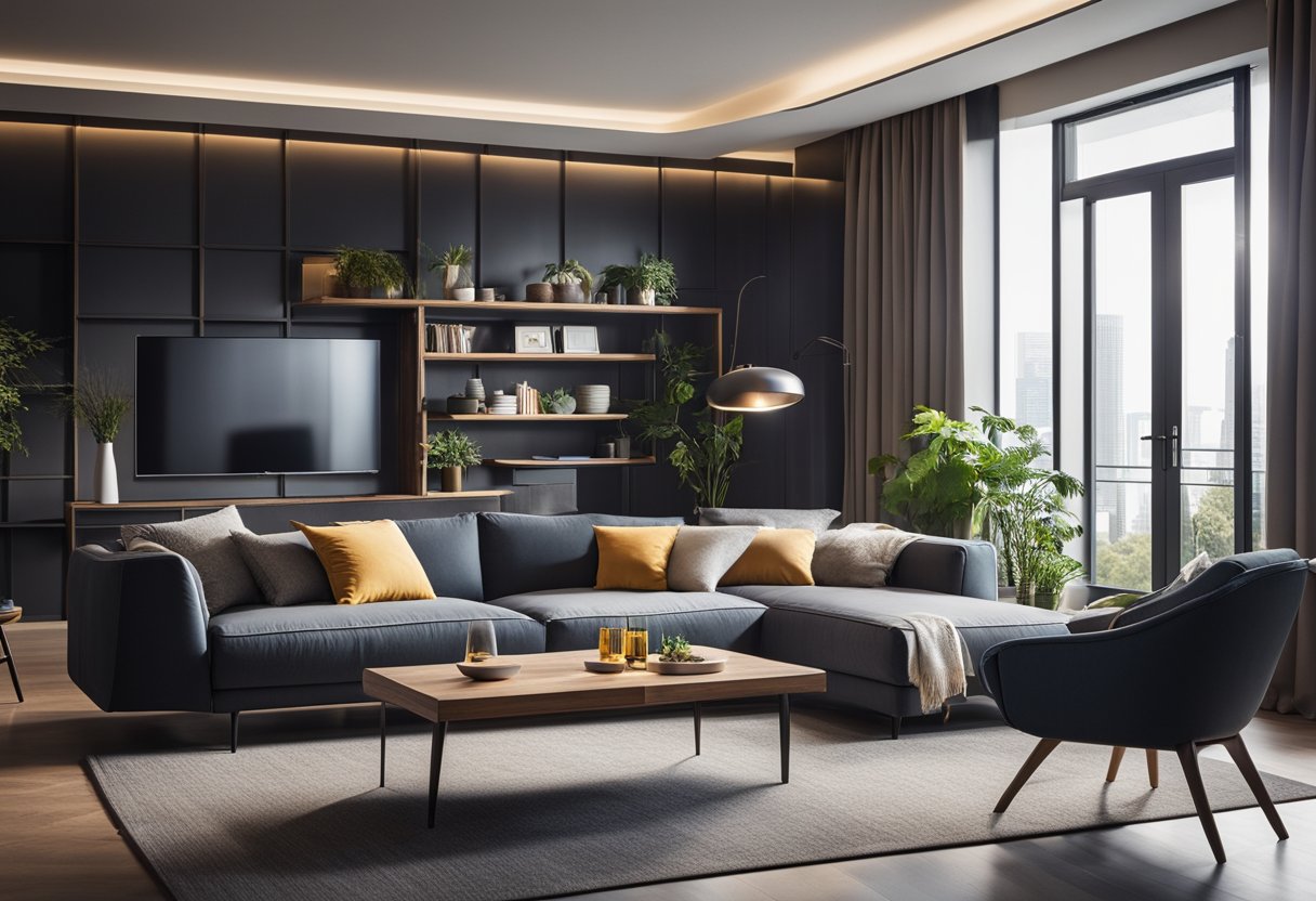 A cozy living room with affordable furniture and clever space-saving solutions, showcasing how interior architecture is not just for the wealthy